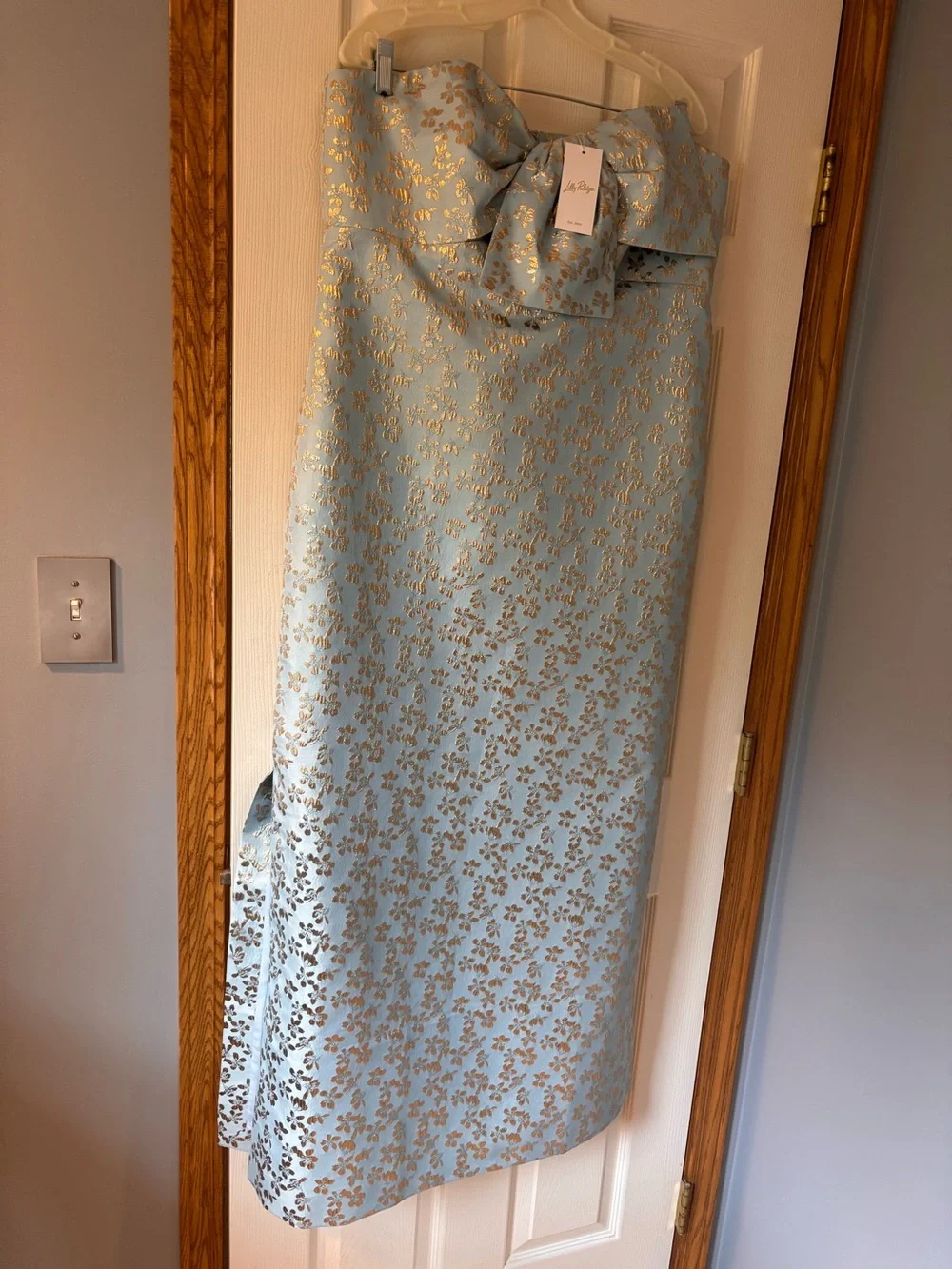 Lilly Pulitzer Strapless Light Blue and Gold Jacquard Gown - Picture 1 of 5